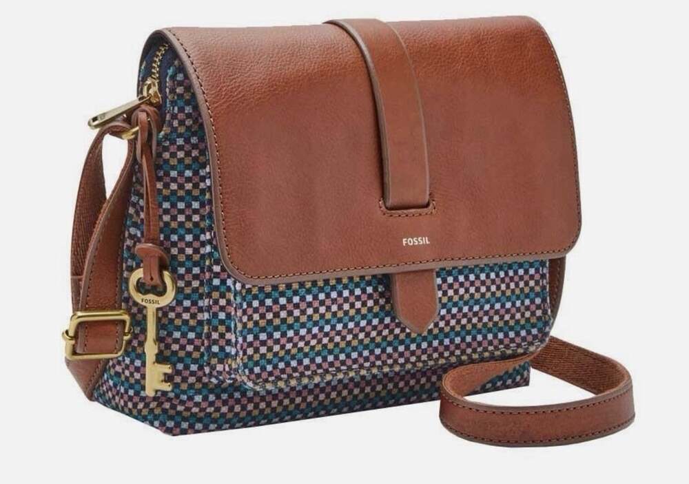 Fossil Women's Crossbody Bag Brown Leather Multicolor Checkered Accent